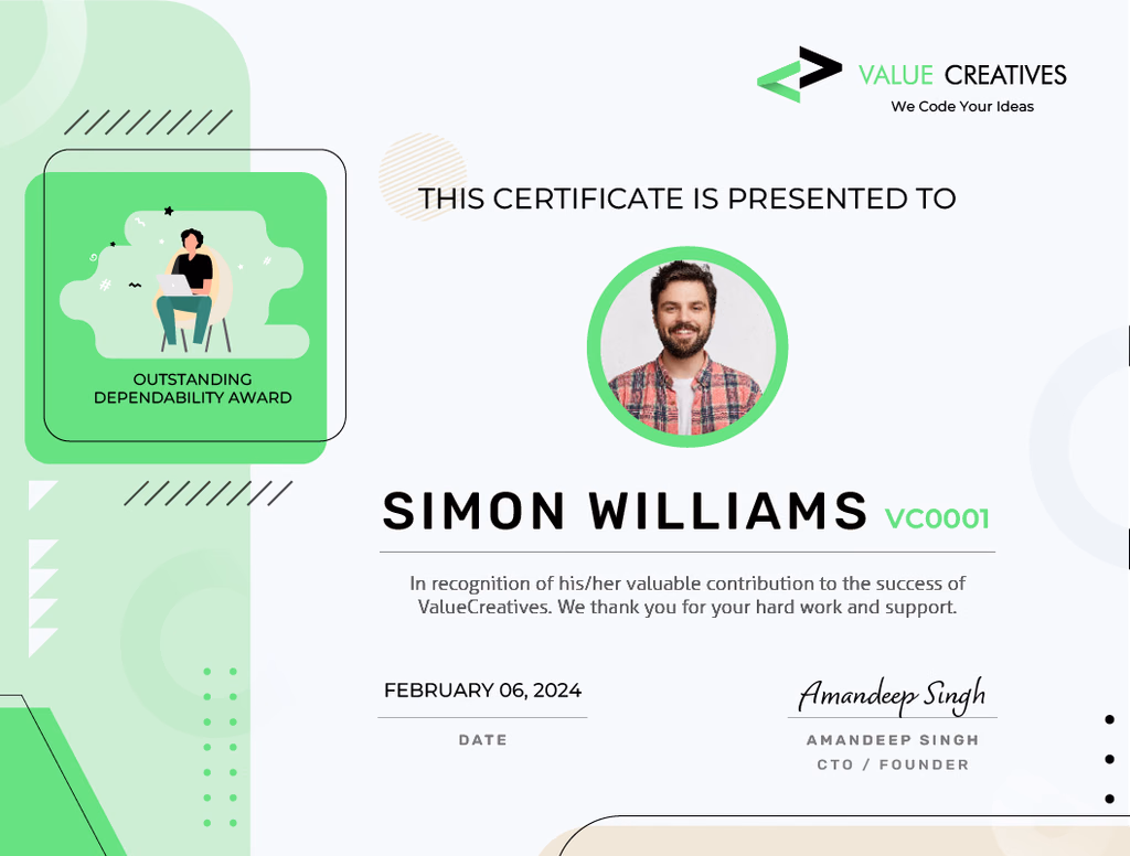 Recognition certificate design for Value Creatives